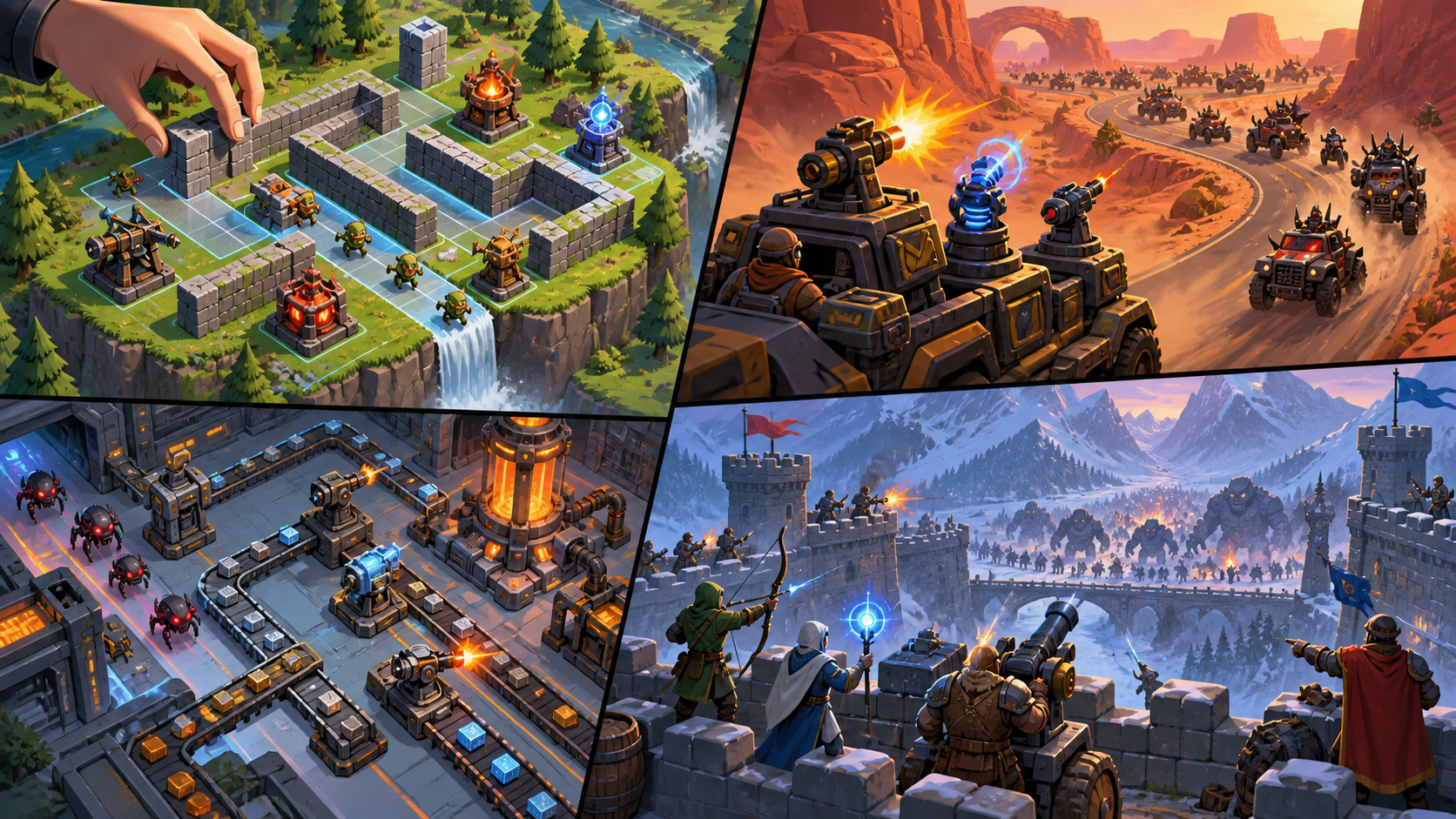 Four original tower-defense environments illustrating different strategic decision loops
