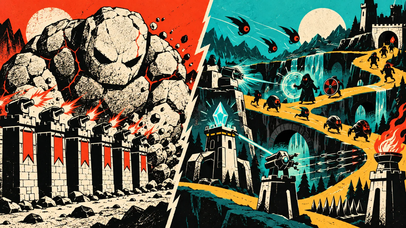 Repetitive towers attack one oversized enemy while varied threats create route, timing, shield, and targeting decisions