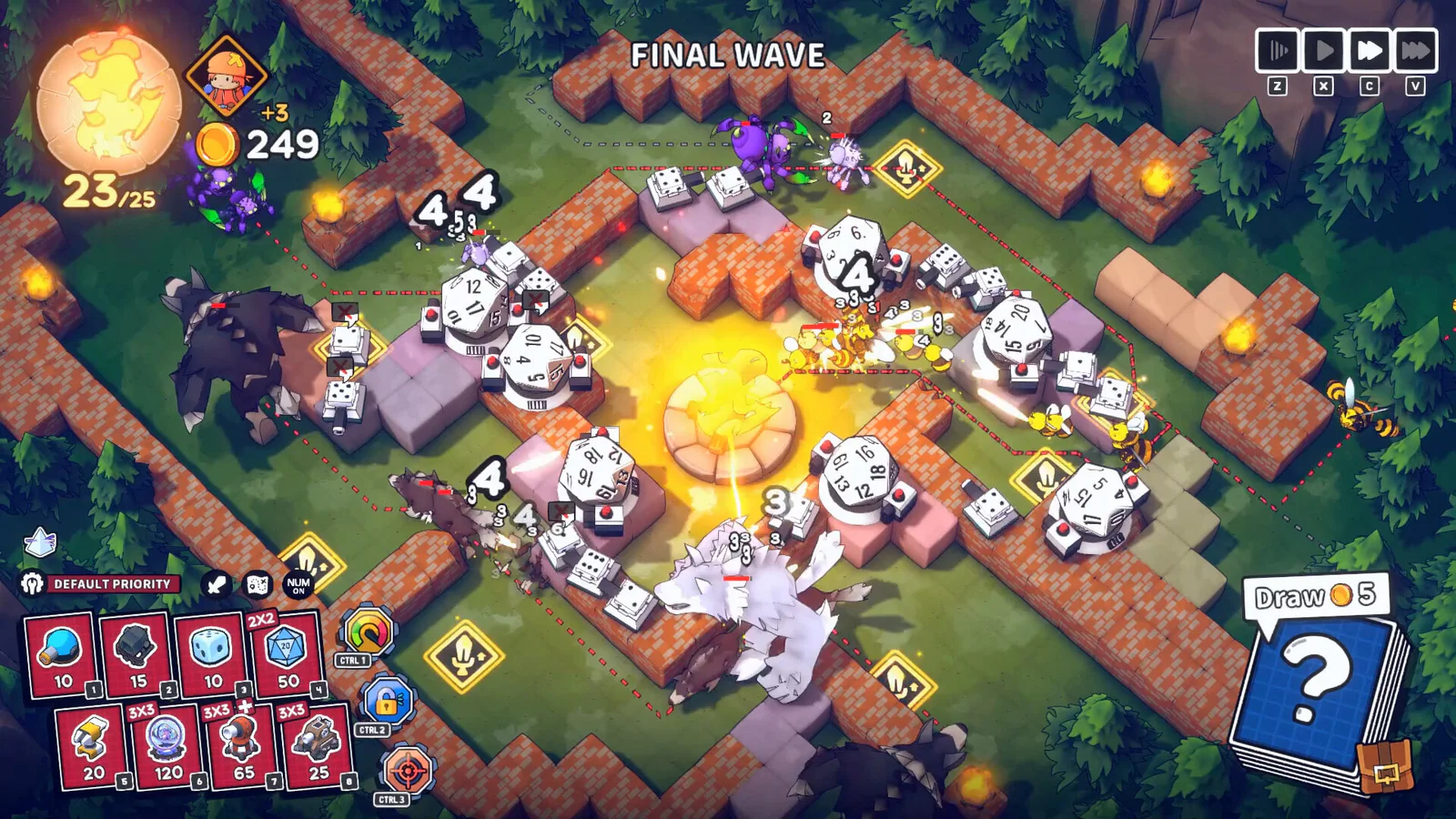 Official Emberward screenshot showing a constructed maze and tower-defense combat