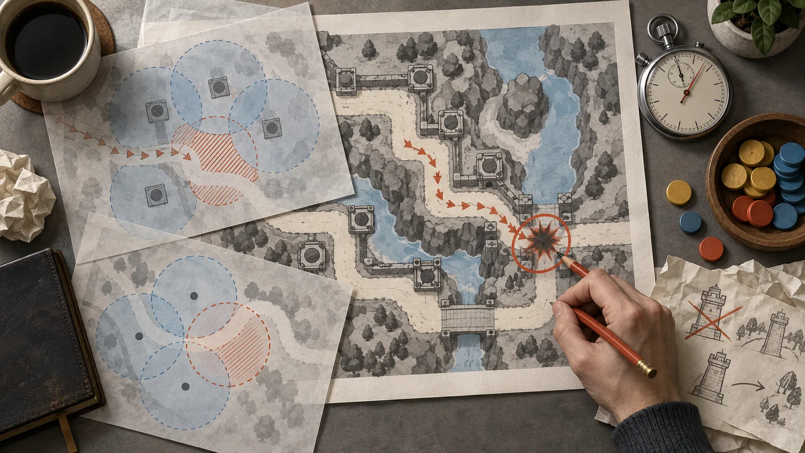 Analyst marks the first breach on a tower-defense map using range overlays, timing, and resource tokens