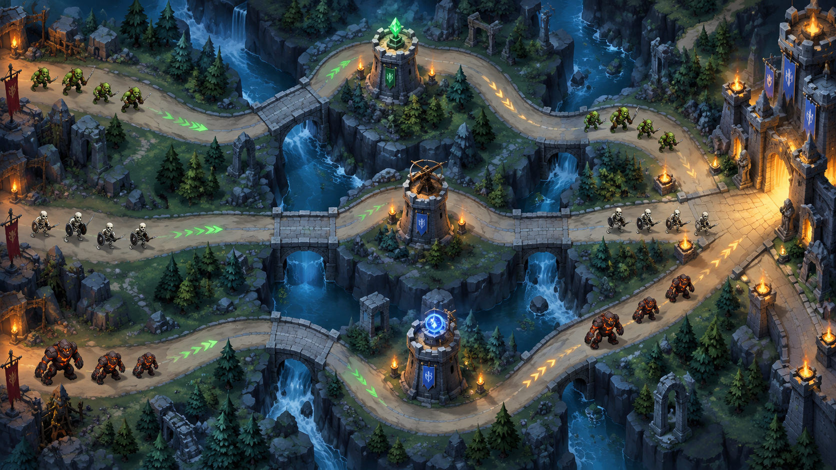 Original tower-defense map with readable branching lanes and route markers